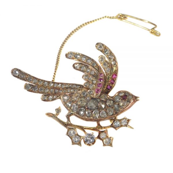 Antique Victorian Old Cut Diamond Bird Brooch with Rubies