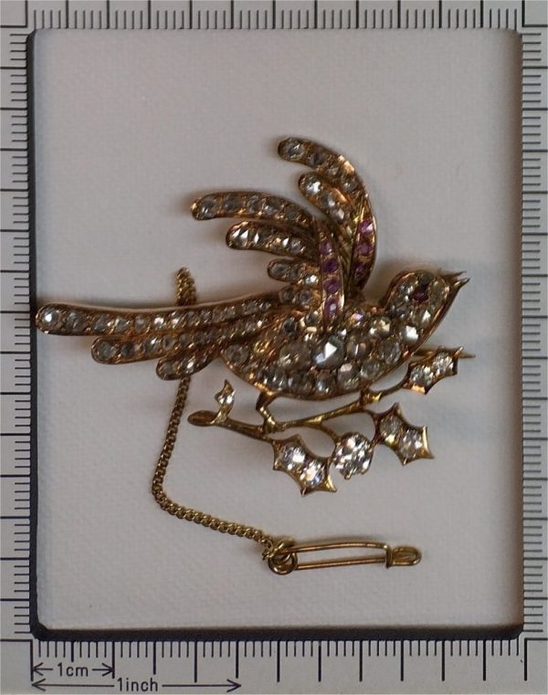 Antique Victorian Old Cut Diamond Bird Brooch with Rubies