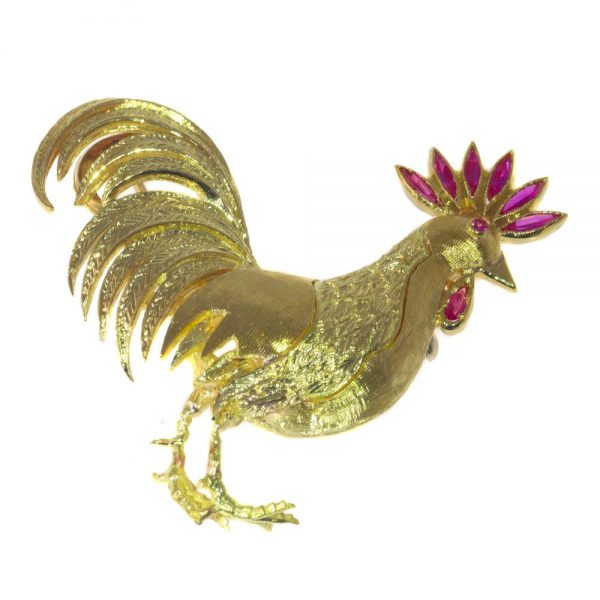Vintage Italian Rooster Gold Brooch with Rubies