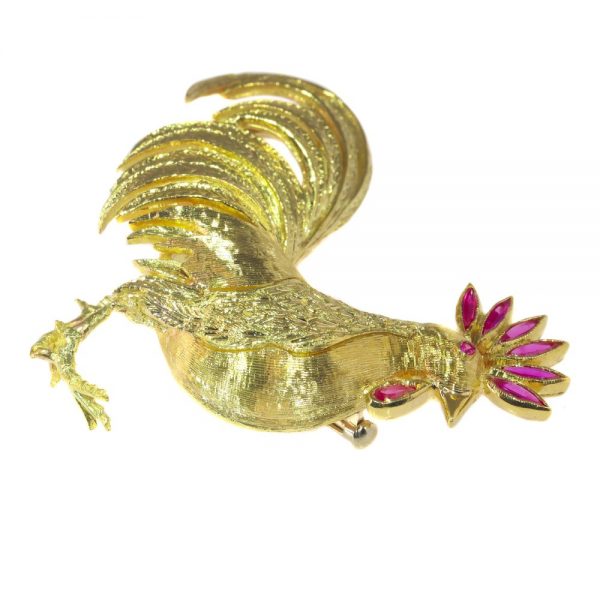 Vintage Italian Rooster Gold Brooch with Rubies