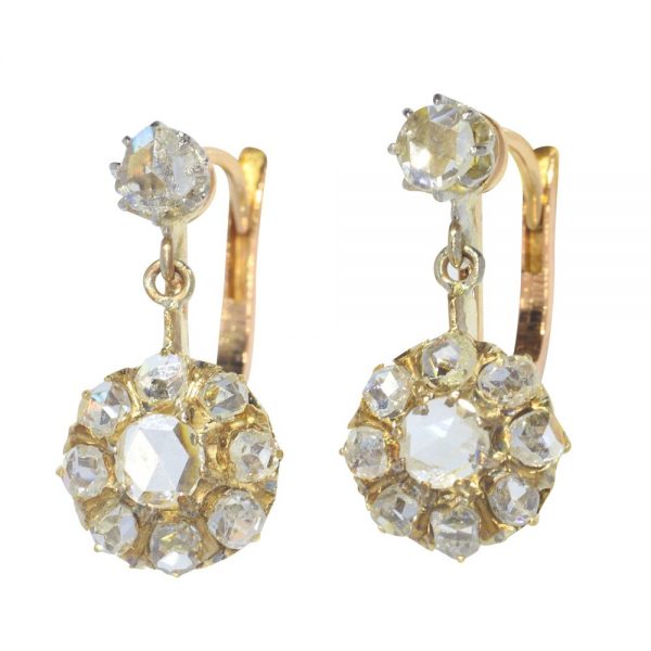 Antique Victorian Rose Cut Diamond Cluster Drop Earrings in 18ct rose gold
