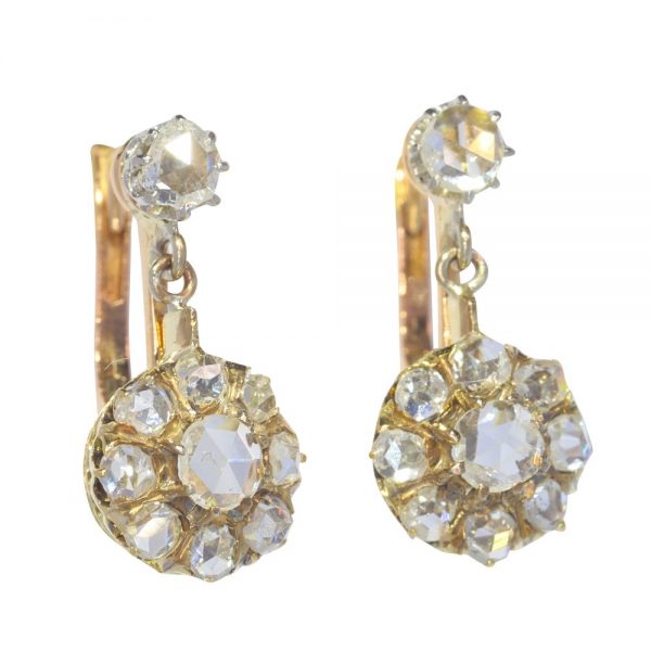 Antique Victorian Rose Cut Diamond Cluster Drop Earrings in 18ct rose gold