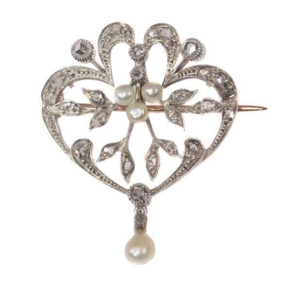 Antique Rose Cut Diamond Brooch Pendant with Seed Pearls