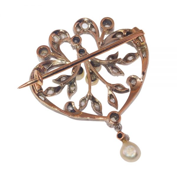 Antique Rose Cut Diamond Brooch Pendant with Seed Pearls