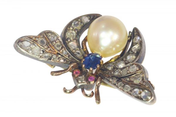 Antique Victorian Butterfly Brooch with Diamonds Rubies Sapphire and Pearl