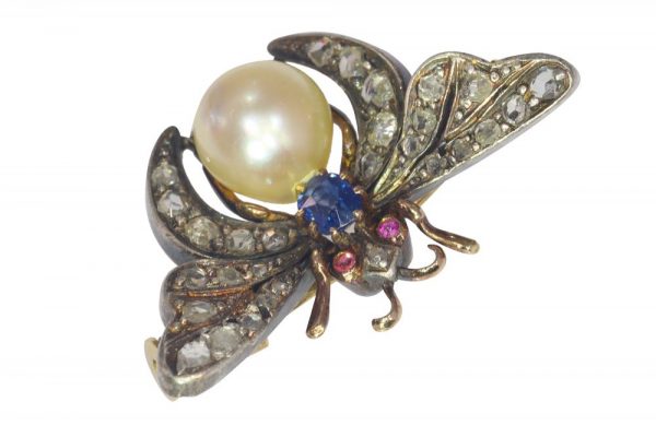 Antique Victorian Butterfly Brooch with Diamonds Rubies Sapphire and Pearl
