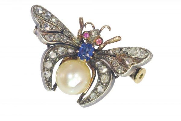 Antique Victorian Butterfly Brooch with Diamond Ruby Sapphire and Pearl