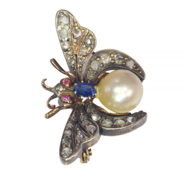 Antique Victorian Butterfly Brooch with Diamond Ruby Sapphire and Pearl