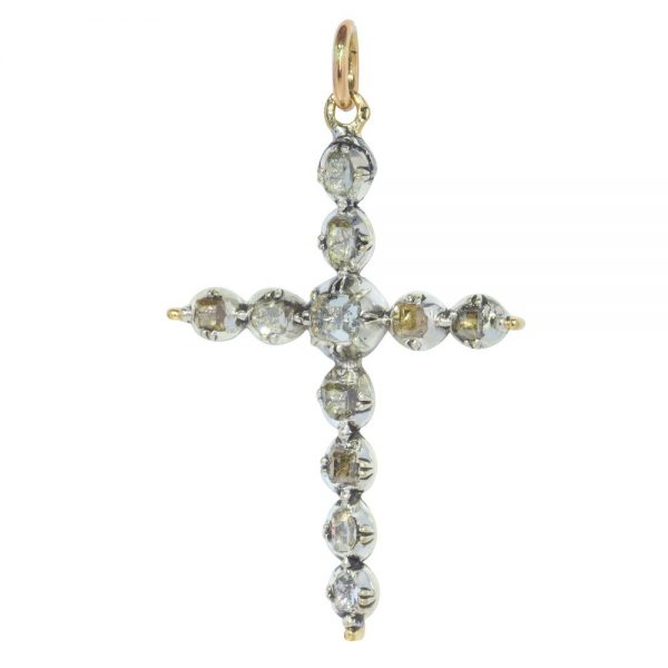 Antique Rococo 18th Century Diamond Cross Pendant, set with table-cut and rose-cut diamonds. Late Baroque Circa 1750