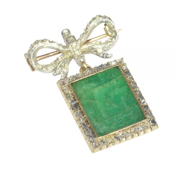 Antique Victorian 4ct Emerald and Diamond Cluster Pendant Bow Brooch