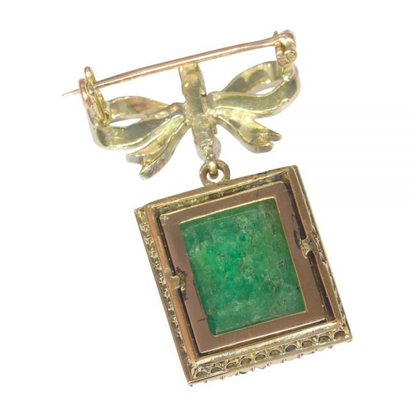 Antique Victorian 4ct Emerald and Diamond Cluster Pendant Bow Brooch