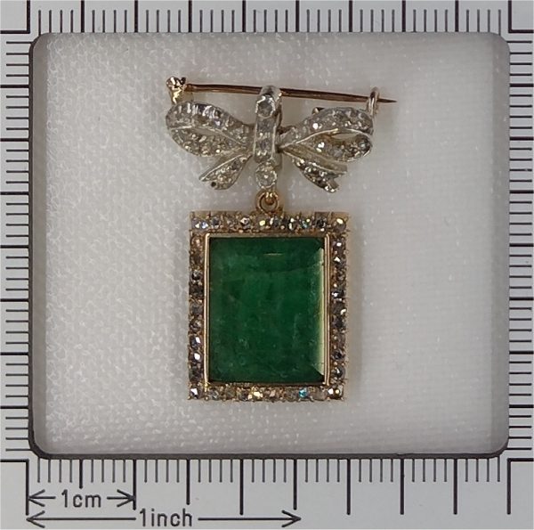 Antique Victorian 4ct Emerald and Diamond Cluster Pendant Bow Brooch