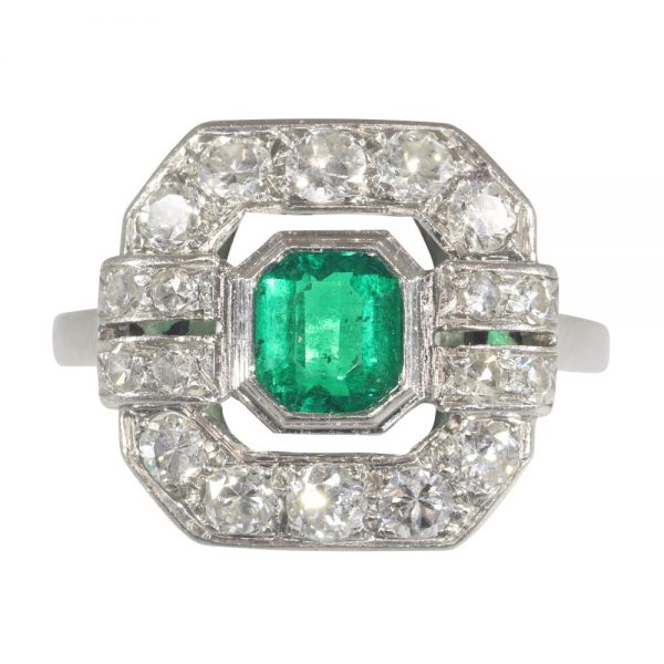 Art Deco French Brazilian Emerald and Old Cut Diamond Cluster Dress Ring in Platinum