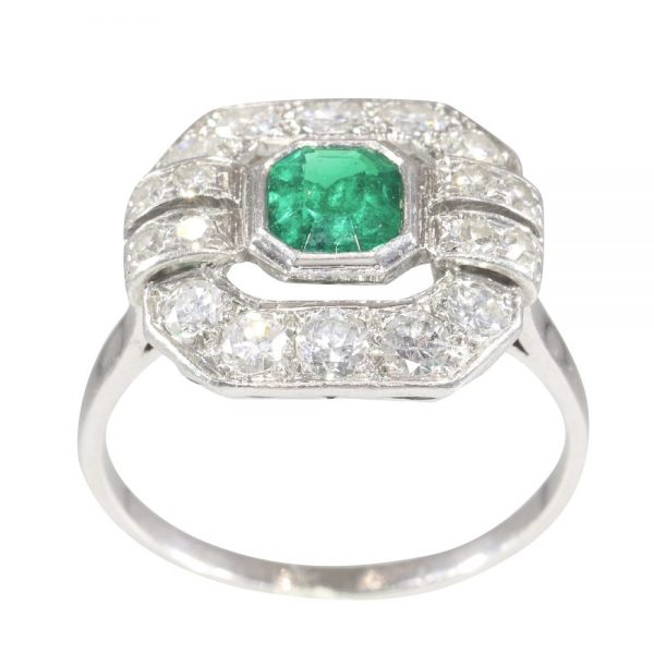 Art Deco French Brazilian Emerald and Old Cut Diamond Cluster Dress Ring in Platinum