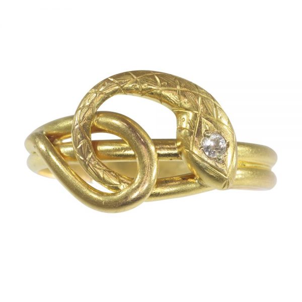 Antique Victorian 18ct Yellow Gold Snake Ring with Diamond