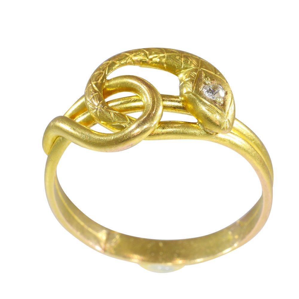 Antique Yellow Gold Snake Ring with Diamond
