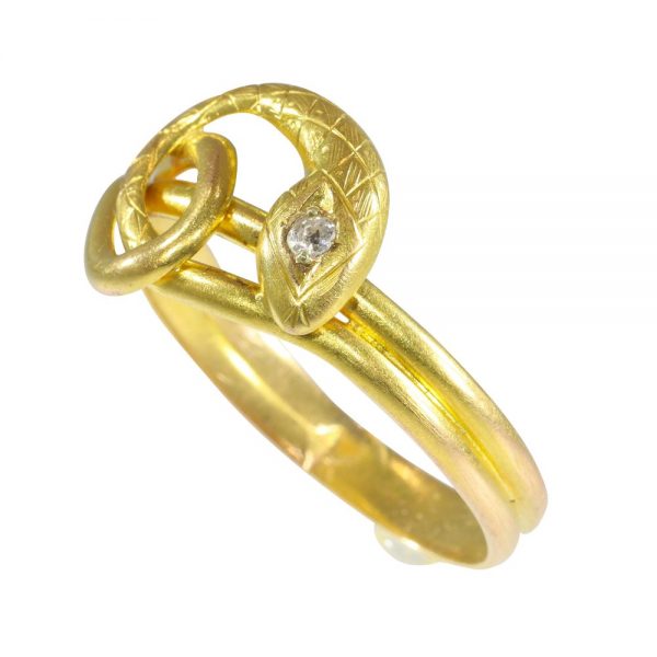 Antique Late Victorian Diamond Set 18ct Yellow Gold Snake Ring