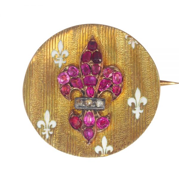 Antique Victorian Gold Brooch with Burmese Ruby Fleur de Lis