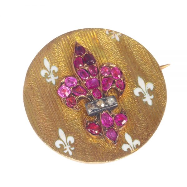 Antique Victorian Gold Brooch with Burmese Ruby and White Enamel Fleur de Lis