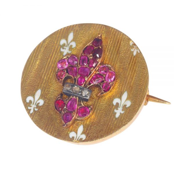 18ct Yellow Gold Brooch with Burmese Ruby and White Enamel Fleur de Lis