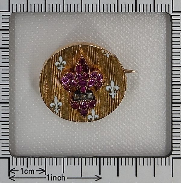 Antique 18ct Yellow Gold Circular Brooch with Ruby and White Enamel Fleur de Lis