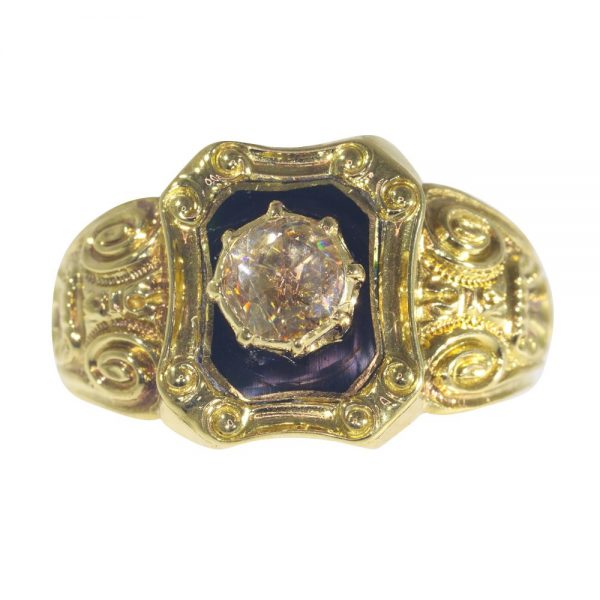 Antique Early Victorian Diamond Ring with Black Enamel