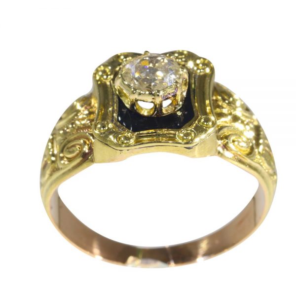 Antique Early Victorian Diamond Ring with Black Enamel