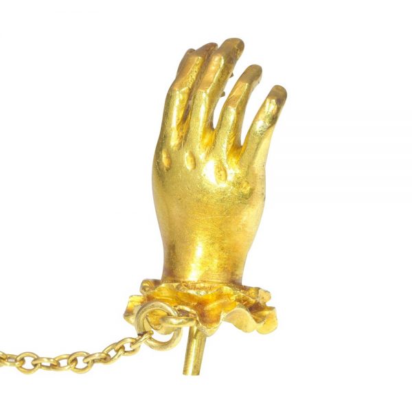 Antique 18ct Yellow Gold Tiepin Hand Holding 0.20ct Old Mine Cut Diamond