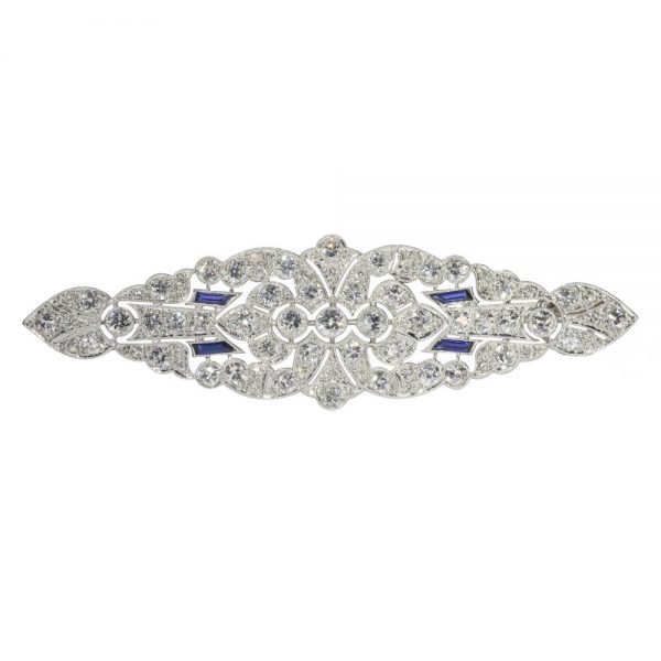 Art Deco Platinum 6.9ct Diamond Brooch with Sapphires