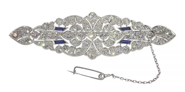 Art Deco Platinum 6.9ct Diamond Brooch with Sapphire Accents