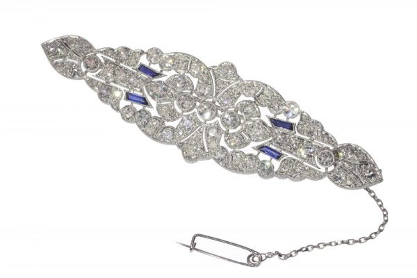 Art Deco 6.9ct Old Mine Cut Diamond Brooch with Sapphire Accents