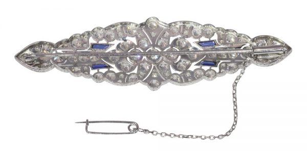 Art Deco Platinum 6.9ct Old Mine Cut Diamond Brooch with Sapphire Accents