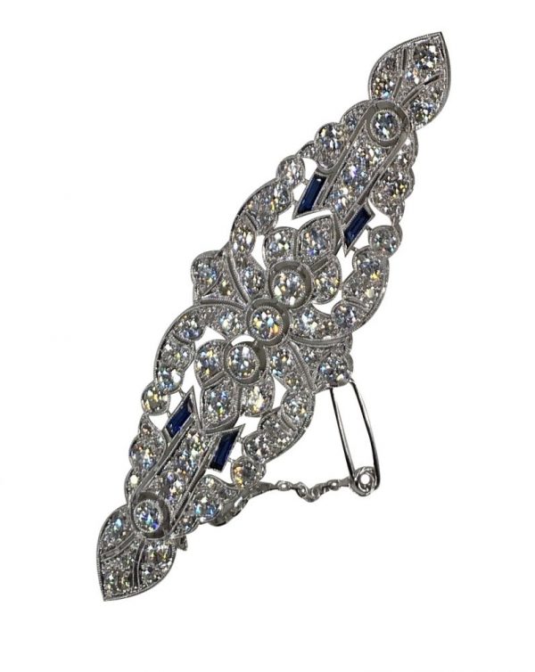 Art Deco Platinum 6.9ct Old Mine Cut Diamond Brooch with Sapphires