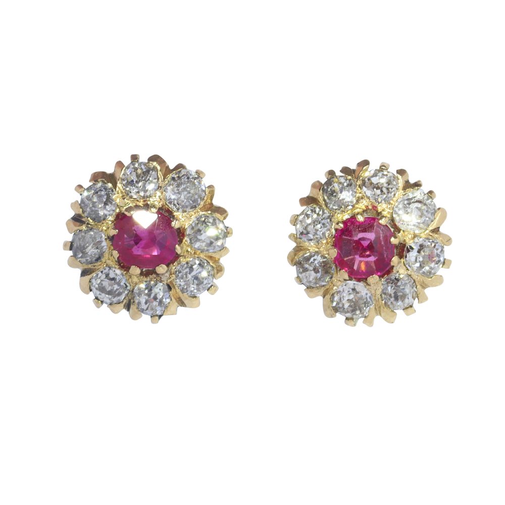Antique Victorian Ruby and Diamond Cluster Stud Earrings
