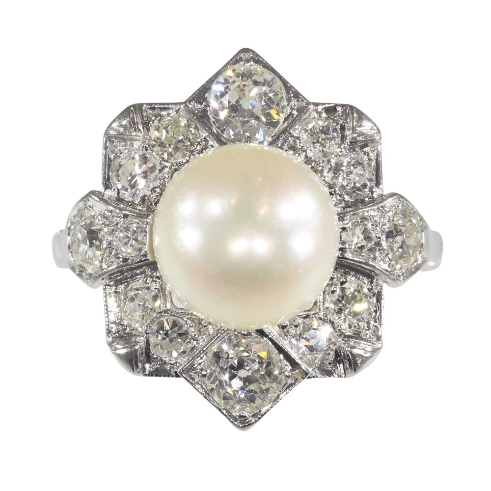 Antique Art Deco Pearl And Diamond Cluster Ring