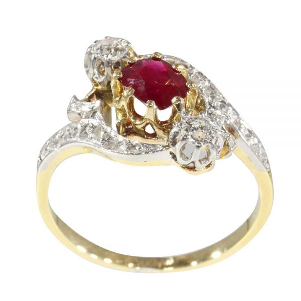French Belle Epoque Ruby and Diamond Crossover Ring