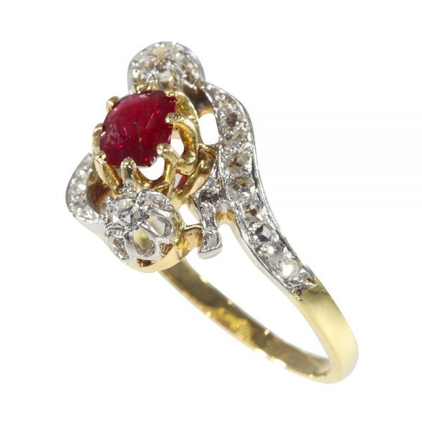 French Belle Epoque Ruby and Diamond Crossover Ring