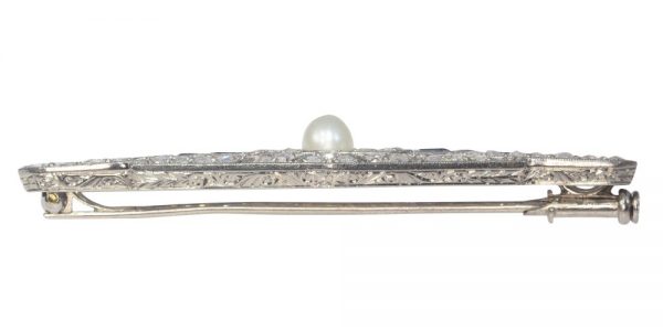 Antique Art Deco Diamond Sapphire and Pearl Bar Brooch