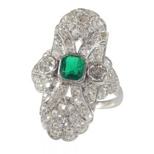 Art Deco Emerald and diamond ring long shape platinum