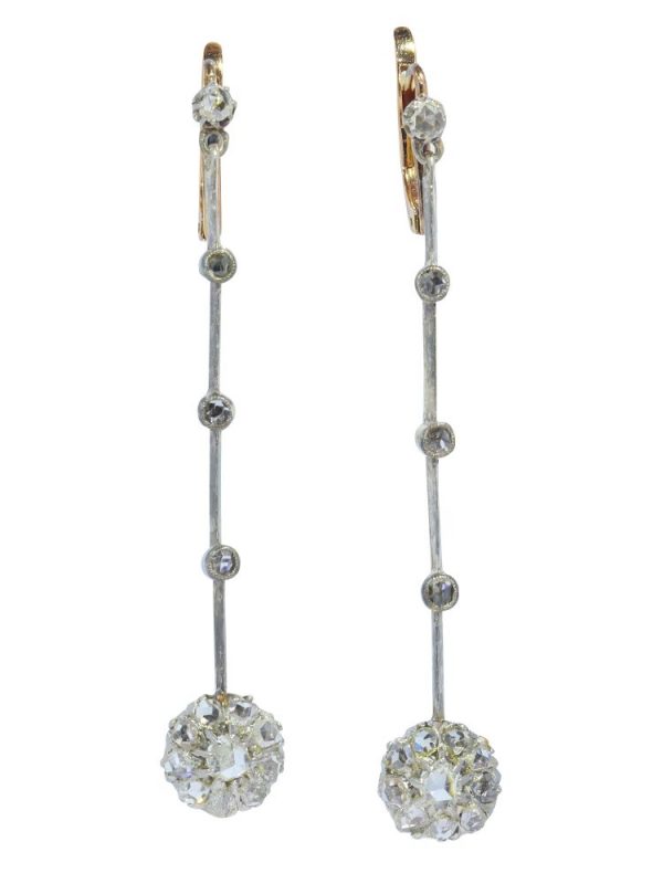 Antique Long Rose Cut Diamond Drop Earrings 