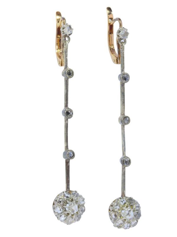 Antique Long Rose Cut Diamond Drop Earrings 