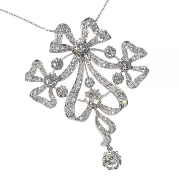 Antique Belle Epoque Bow 8cts Diamond Pendant Brooch