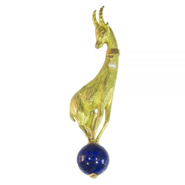 Vintage Gold Chamois and Lapis Lazuli Brooch