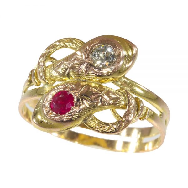 Antique Ruby and Diamond Set Snake Ring