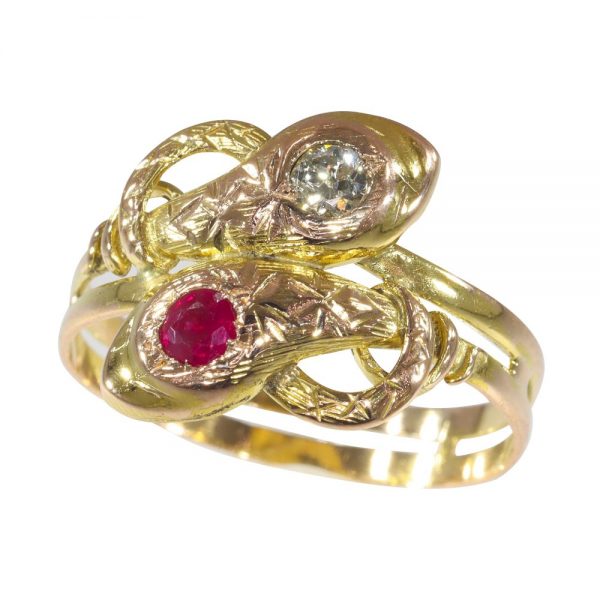 Antique Ruby and Diamond Set Snake Ring