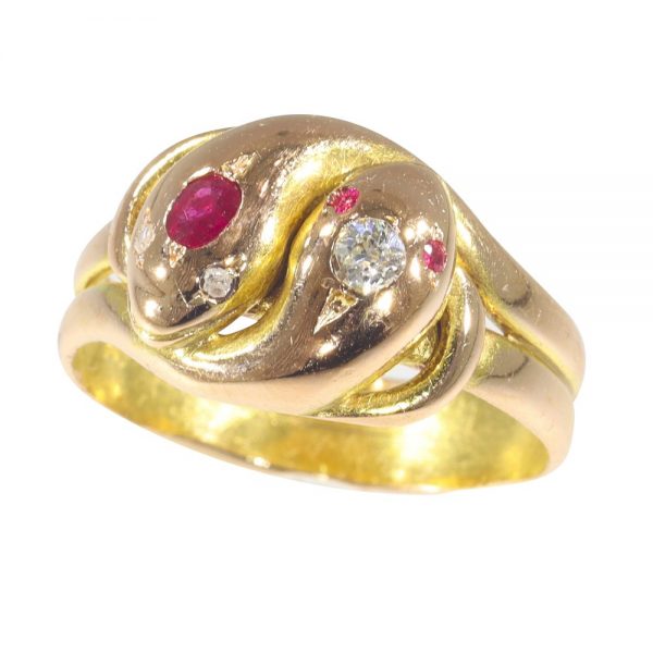 Antique Victorian Ruby and Old Cut Diamond Snake Ring
