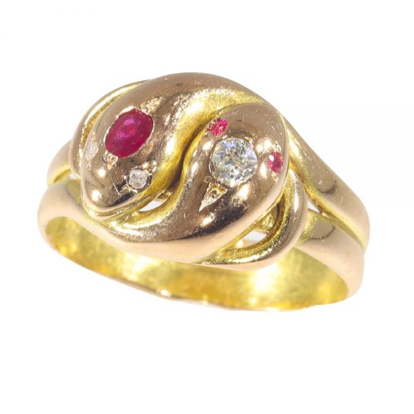Antique Victorian Ruby and Old Cut Diamond Snake Ring