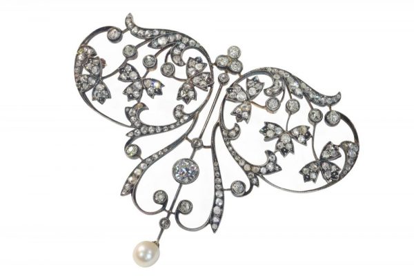 Antique Floral Natural Pearl and Diamond Pendant Brooch