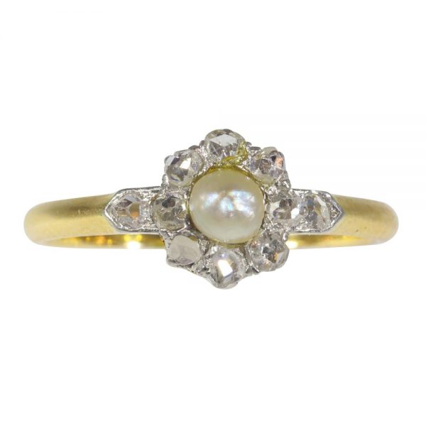 Antique Edwardian Pearl and Diamond Cluster Ring