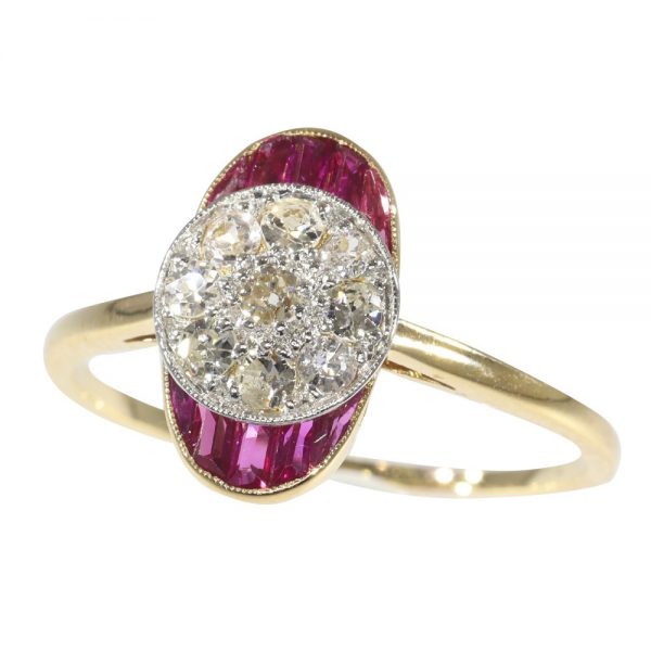 Oval shape Art Deco ruby and diamond ring
